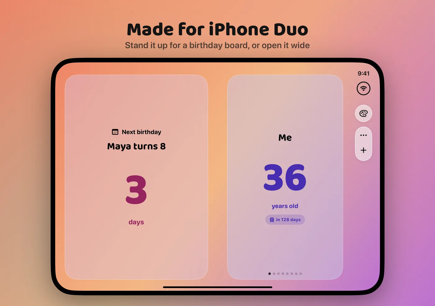 App Store screenshot titled “Made for iPhone Duo”. An iPhone Duo stood up like a tent shows a Maya turns 8 in 3 days card on one side and Me, 36 years old on the other.