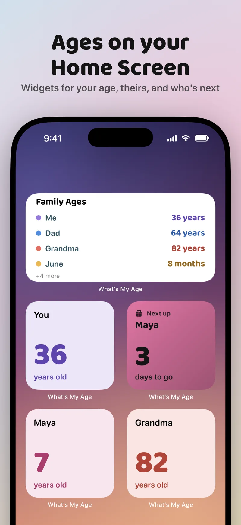 App Store screenshot titled “Ages on your Home Screen”. An iPhone Home Screen with a Family Ages widget listing four people, and four small widgets showing You 36 years old, Maya 3 days to go, Maya 7 years old, and Grandma 82 years old.
